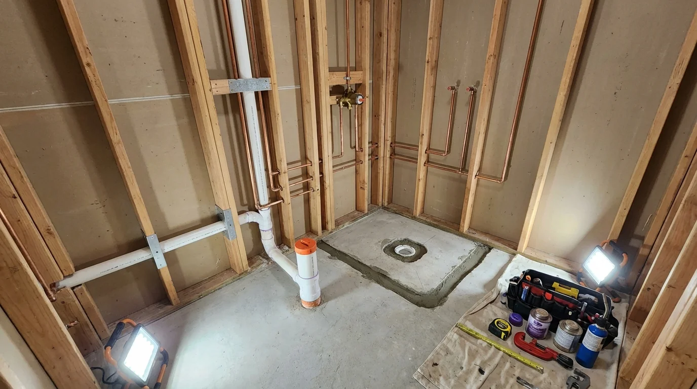 Bathroom rough-in plumbing during remodel by Johns Plumbing LLC in Elkview