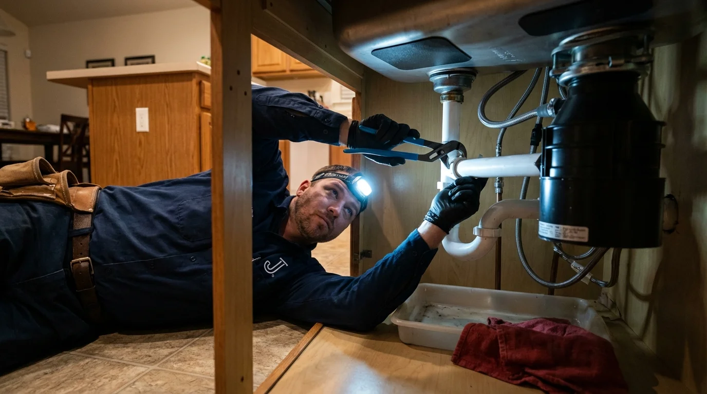 P-trap and supply line connections under a kitchen sink showing a common leak point in Elkview, WV